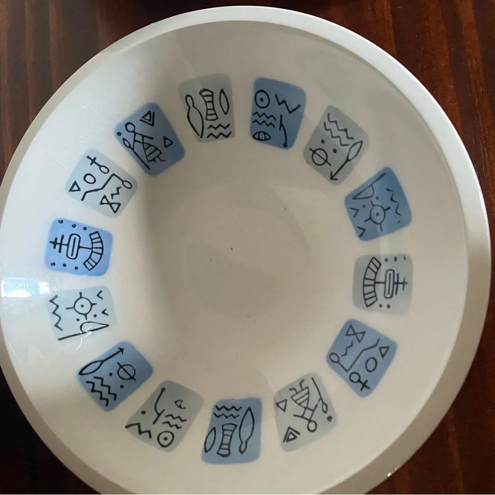3 Rare Vintage Nola Ware Hand Painted Atomic Art Deco 3”Blue White Bowls MCM